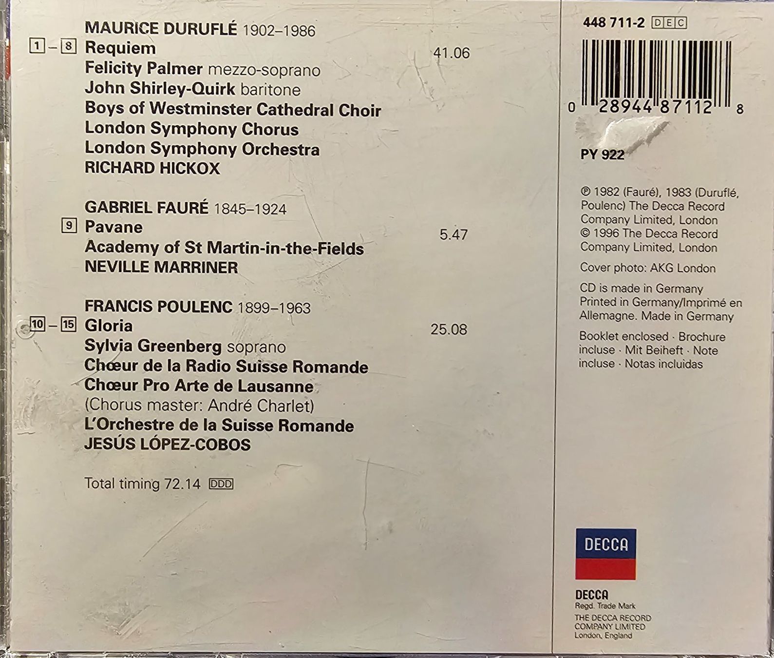 CD: Duruflé - Requiem / Gloria / Pavane – Usato da Wahlen b. Laufen venduto da Cg10 1