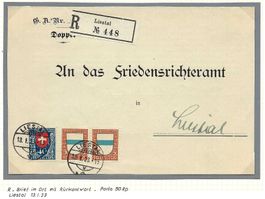 1922, J21x2+24, EING. TEILBRIEF, 0 LIESTAL 13.I.23, LUXUS