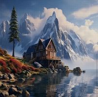 Kreuzstich-Handarbeit-Sticken-Hütte-See-Bild-Deko- 30x30cm