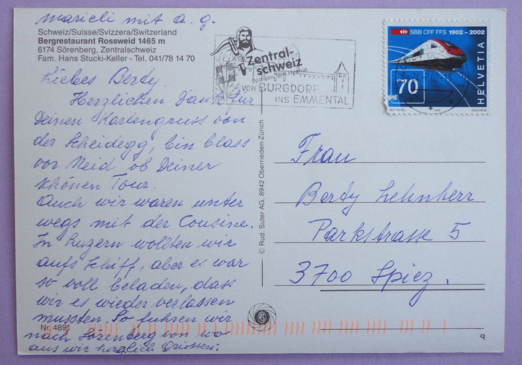 Cartoline postali: Bergrest. Rossweid, 1465 m, Sörenberg – Usato da Fétigny venduto da Billy2miny 1