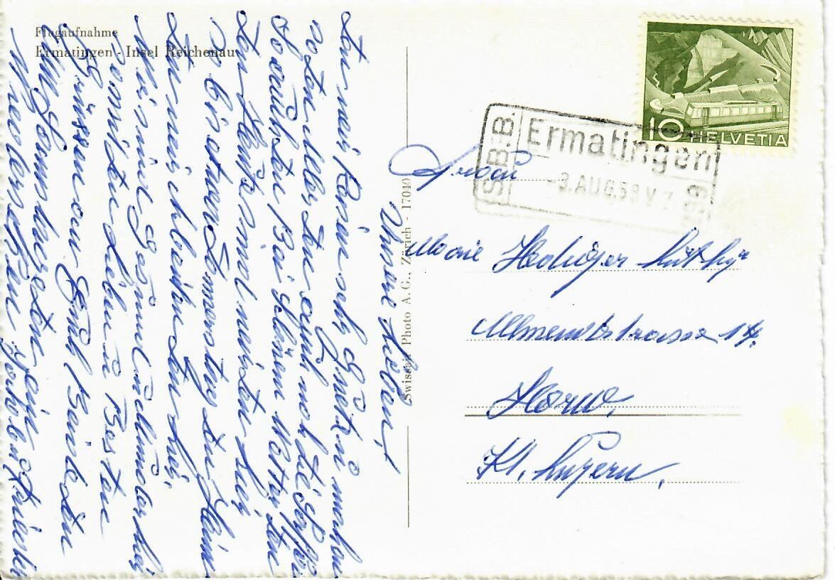 Cartoline postali: Flugaufnahme Ermatingen - Bahnpost 1958 – Usato da Hochdorf venduto da Ziegel-16 1