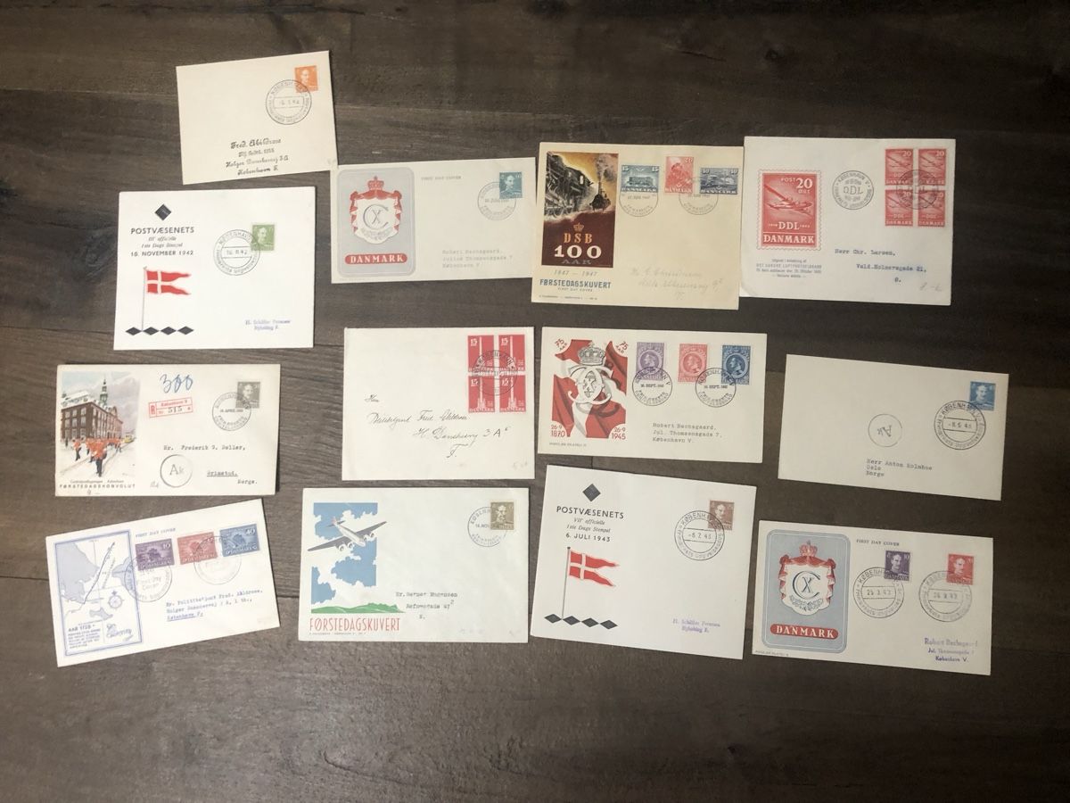 Tutti i francobolli: 13 rare FDC DENMARK 1938-1947 – Usato da Lufingen venduto da Rac0 9