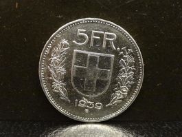 5 Franken Silber 1939 Fünfliber Münze