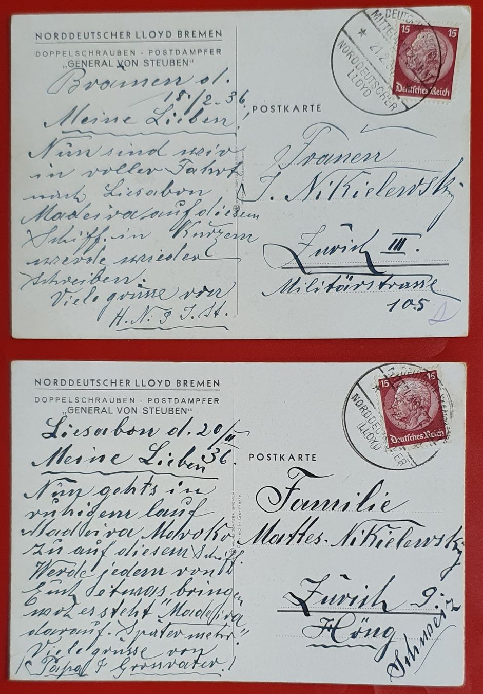 Cartoline postali: 2 Karten Postdampfer  "General von Steuben" 1936 – Usato da Kreuzlingen venduto da Rschweiz1 1