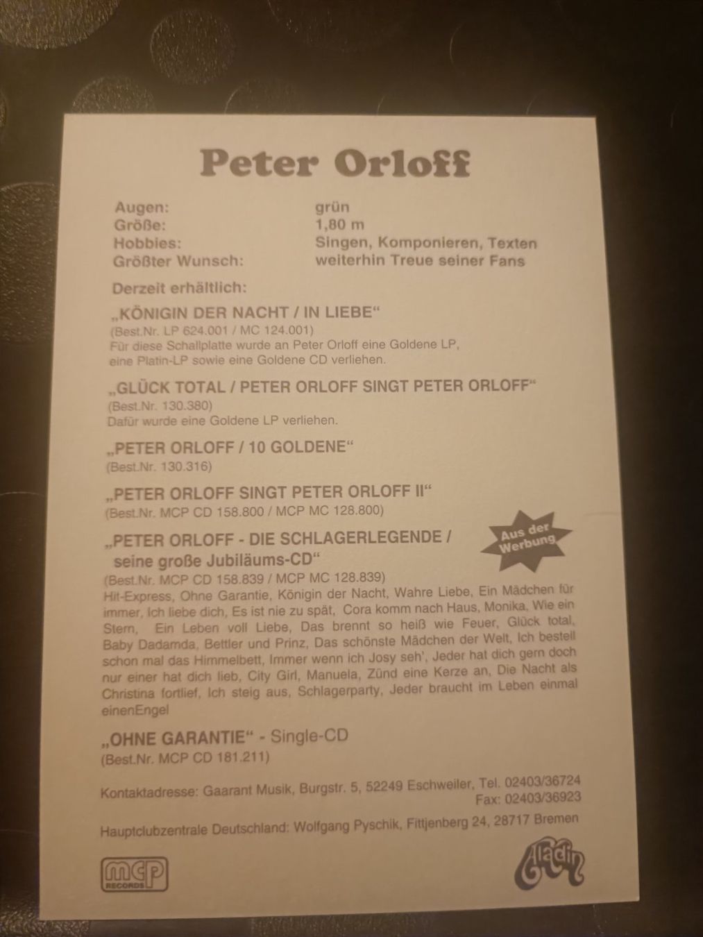 Autogramme: Peter Orloff - handsignierte alte Autogrammkarte – Gebraucht aus Menziken von Artographs 1