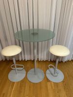 Table haute ronde en verre + 2 tabourets