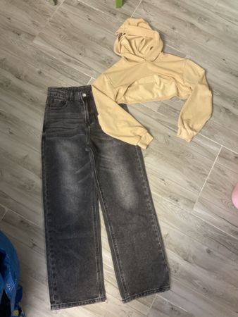 Schicke Wide Leg Jeans & Crop Hoodie Set, Gr.152