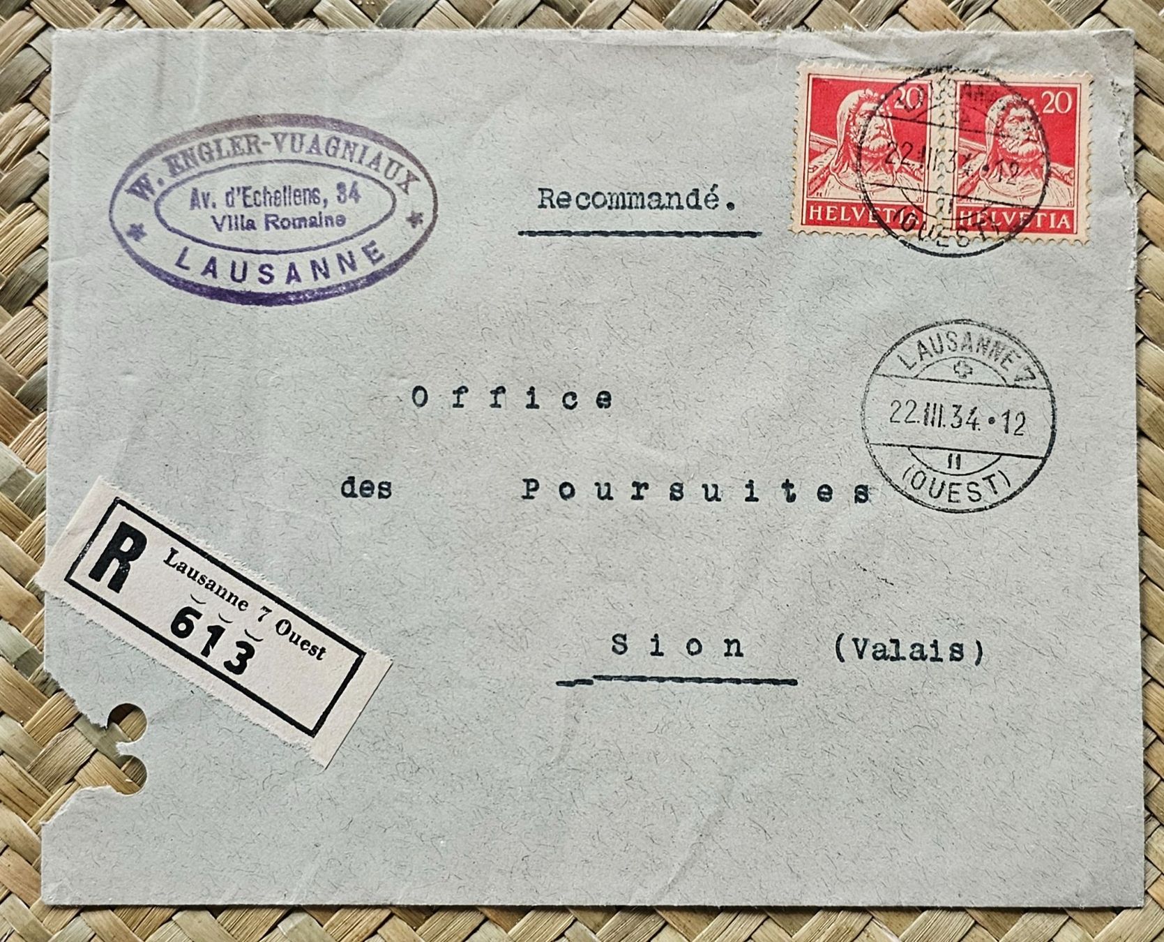 Alle Briefmarken: Lettre recommandée Lsne - Sion 1934 – Gebraucht aus Les Valettes von Nuba1