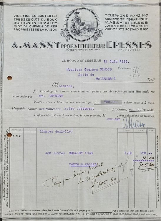 Facture Illustrée A. Massy Prop. viticulteur Epesses Vaud Kaufen auf
