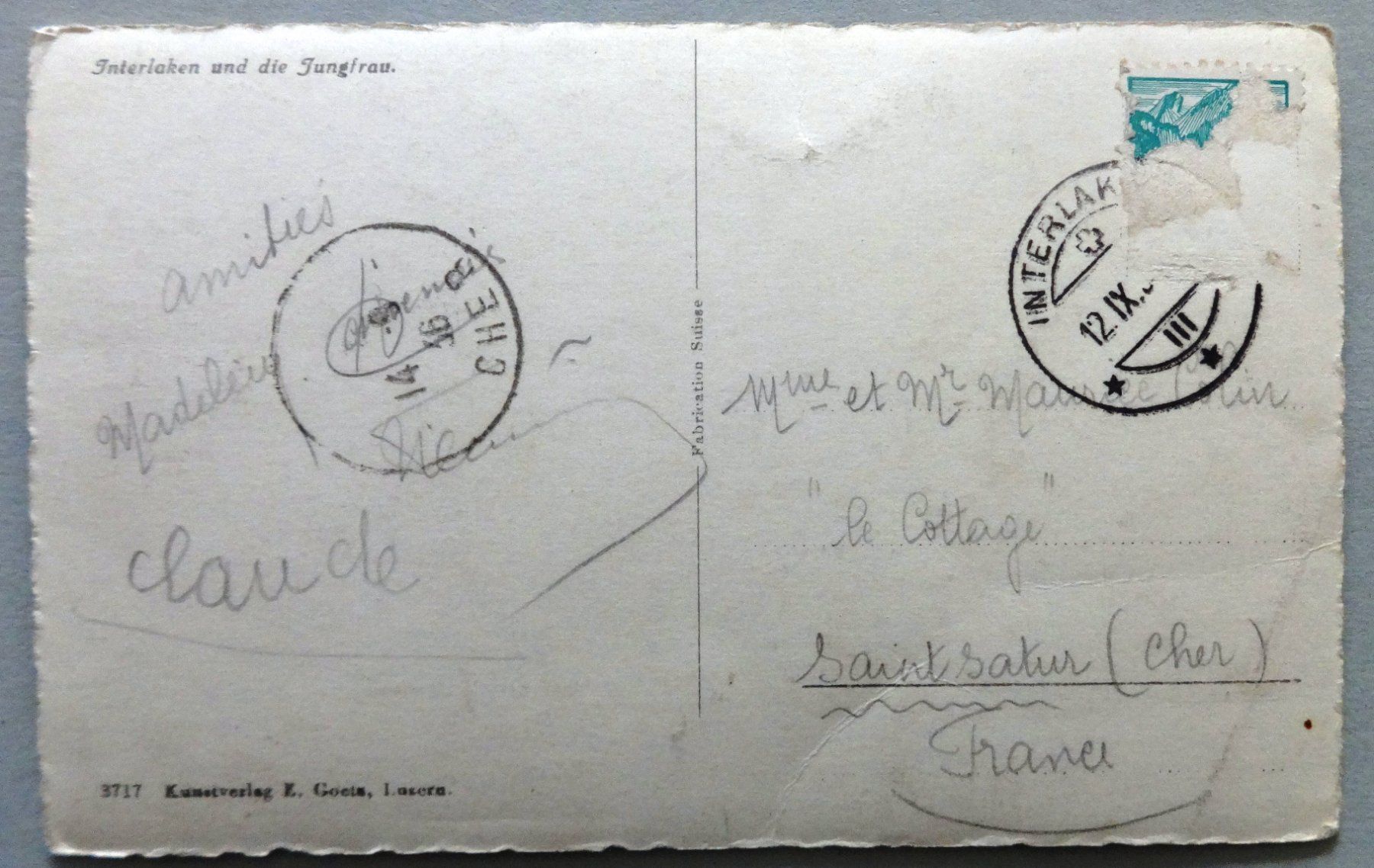 Cartoline postali: Interlaken und die Jungfrau – Difettoso da Fétigny venduto da Billy2miny 1