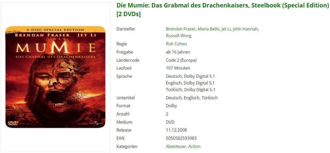 Tutti i DVDs: Die Mumie: Das Grabmal des Drachenkaiser – Usato da Emmetten venduto da SVollenweider