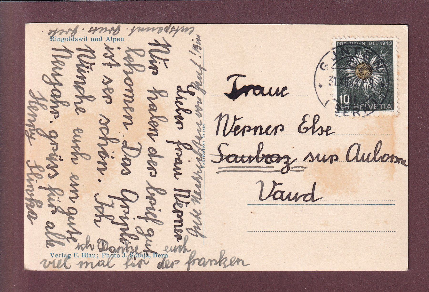 Ansichtskarten: RINGOLDSWIL und Alpen - 1943 – Gebraucht aus Pully von nicecards 1