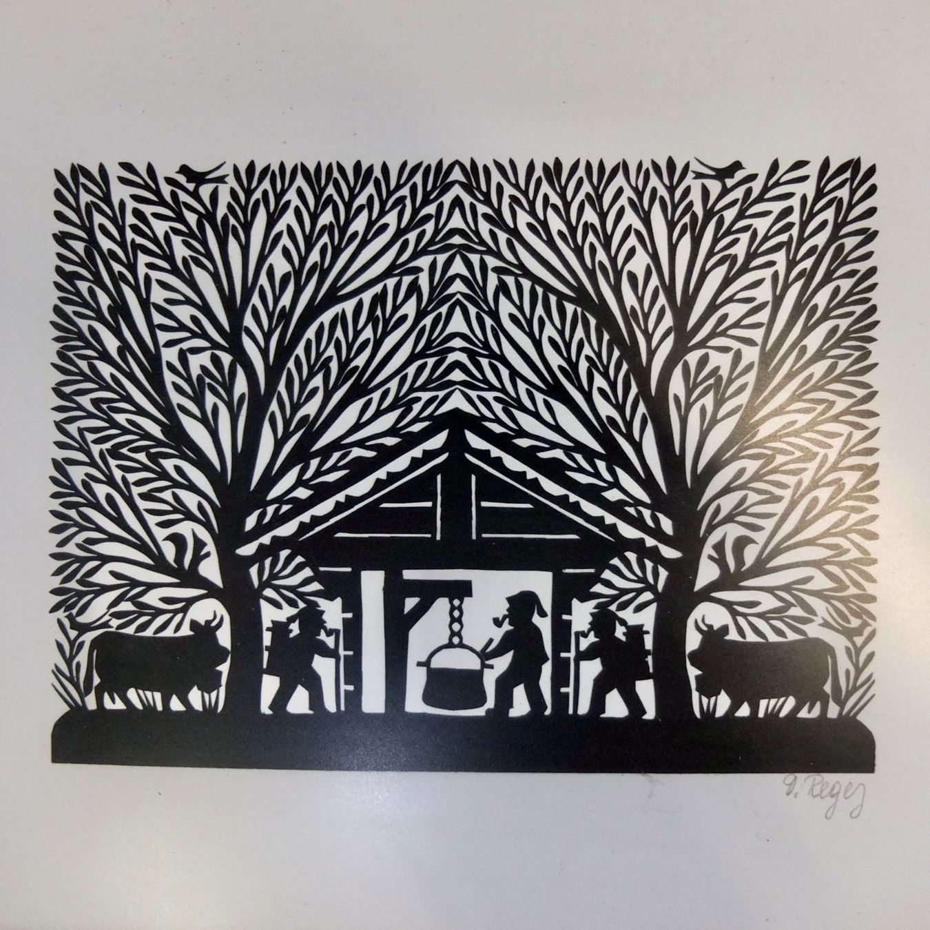 Grafica & Litografie: David Regez, Scherenschnitt, Alphütte mit Käsekessi – Usato da Basel venduto da Brocki-auf-dem-Wolf 2