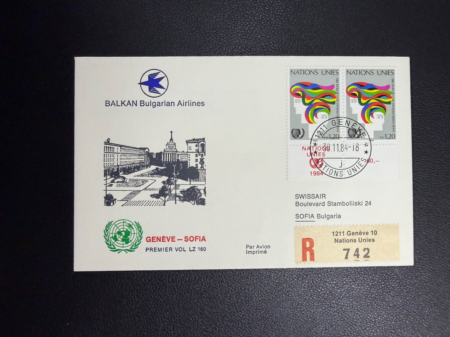 Tutti i francobolli: Bulgarian Airlines Erstflugbrief Genf-Sofia ab UNO 1984 – Usato da oberrüti venduto da jeanmei