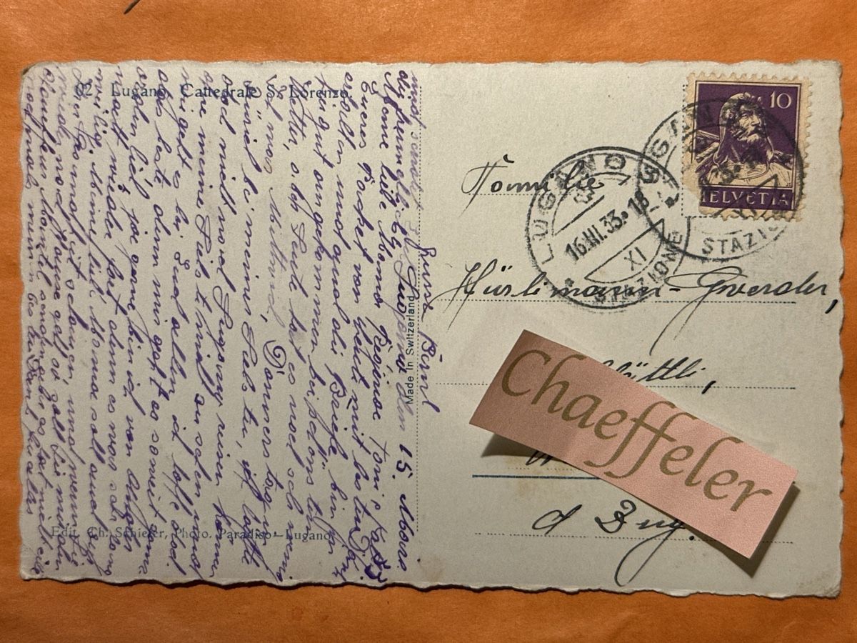 Cartoline postali: 1933 Lugano, Cattedrale S. Lorenzo.  – Usato da Zürich venduto da Chaeffeler 1