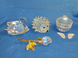 3 Swarovski Figuren, Schwan, Igel, Rose Brosche