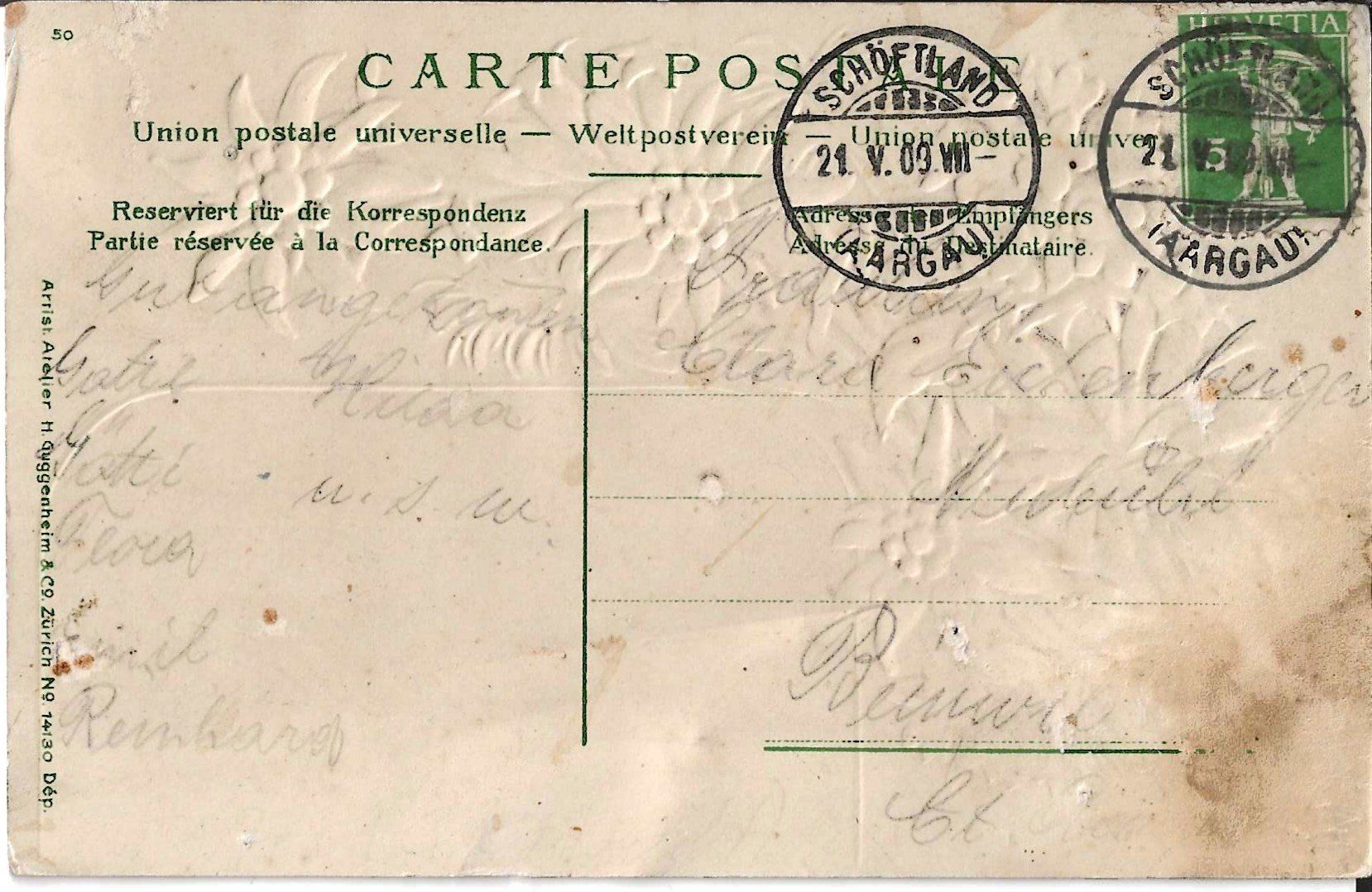 Cartoline postali: Karte Schöftland 1909 – Usato da Zürich venduto da Philacat11 1