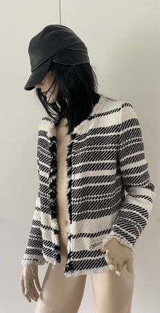 IRO MULTICOLORED TWEED JACKET FRINGED STRIPET BLACK & WHITE