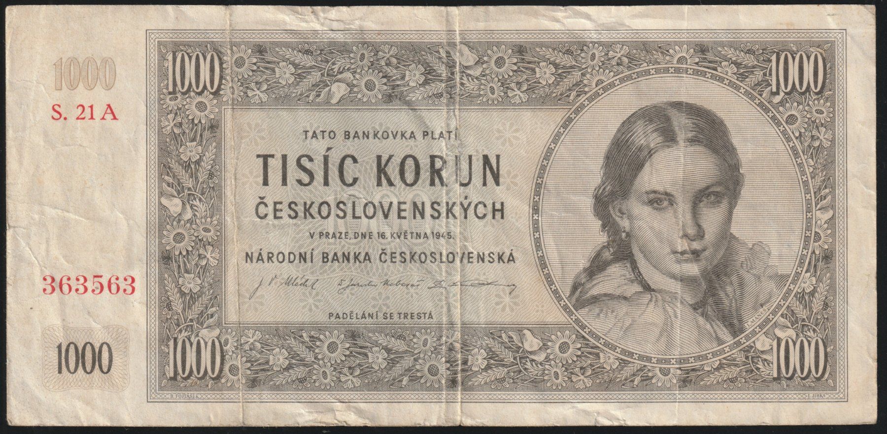 Banconote: Tschechoslowakei 1000 Korun 1945 – Usato da Brugg AG venduto da banknoten_muesli