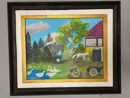Handgemaltes Ölgemälde „Idylle auf dem Bauernhof“
