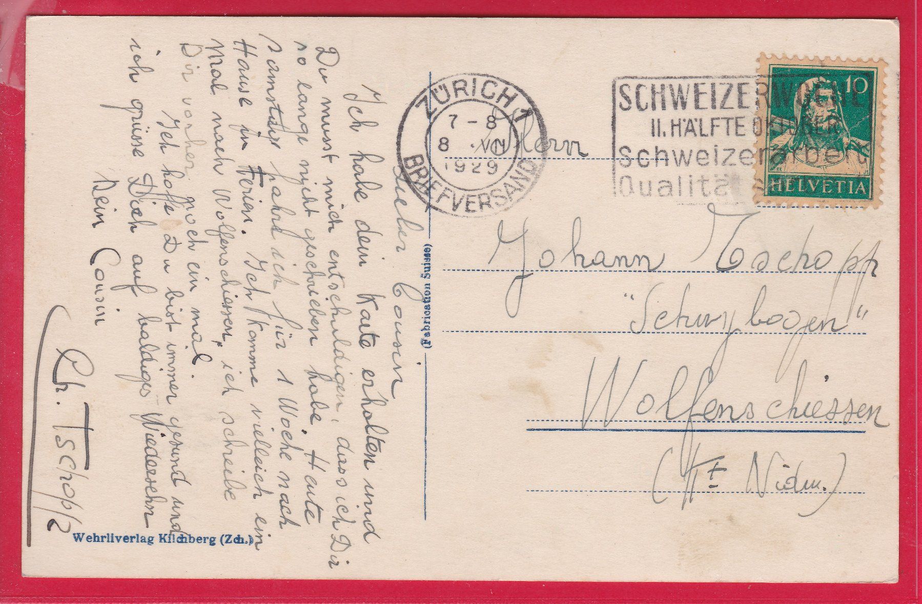 Cartoline postali: ZÜRICH, SCHIPFE, 8.7.1929 – Usato da Oberrieden venduto da Gebirgsstelze 1