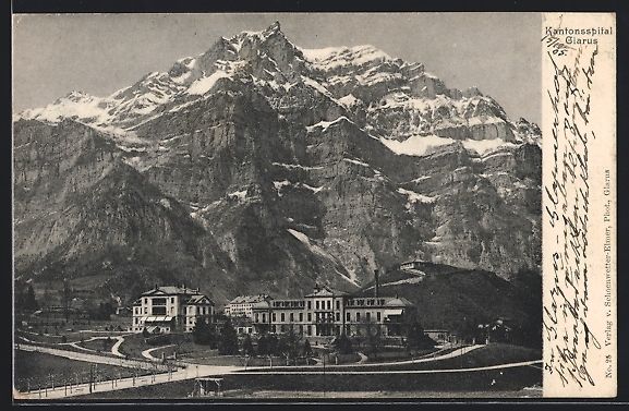Cartoline postali: Glarus, Kantonsspital mit Bergpanorama – Usato da Berlin venduto da bartko-reher