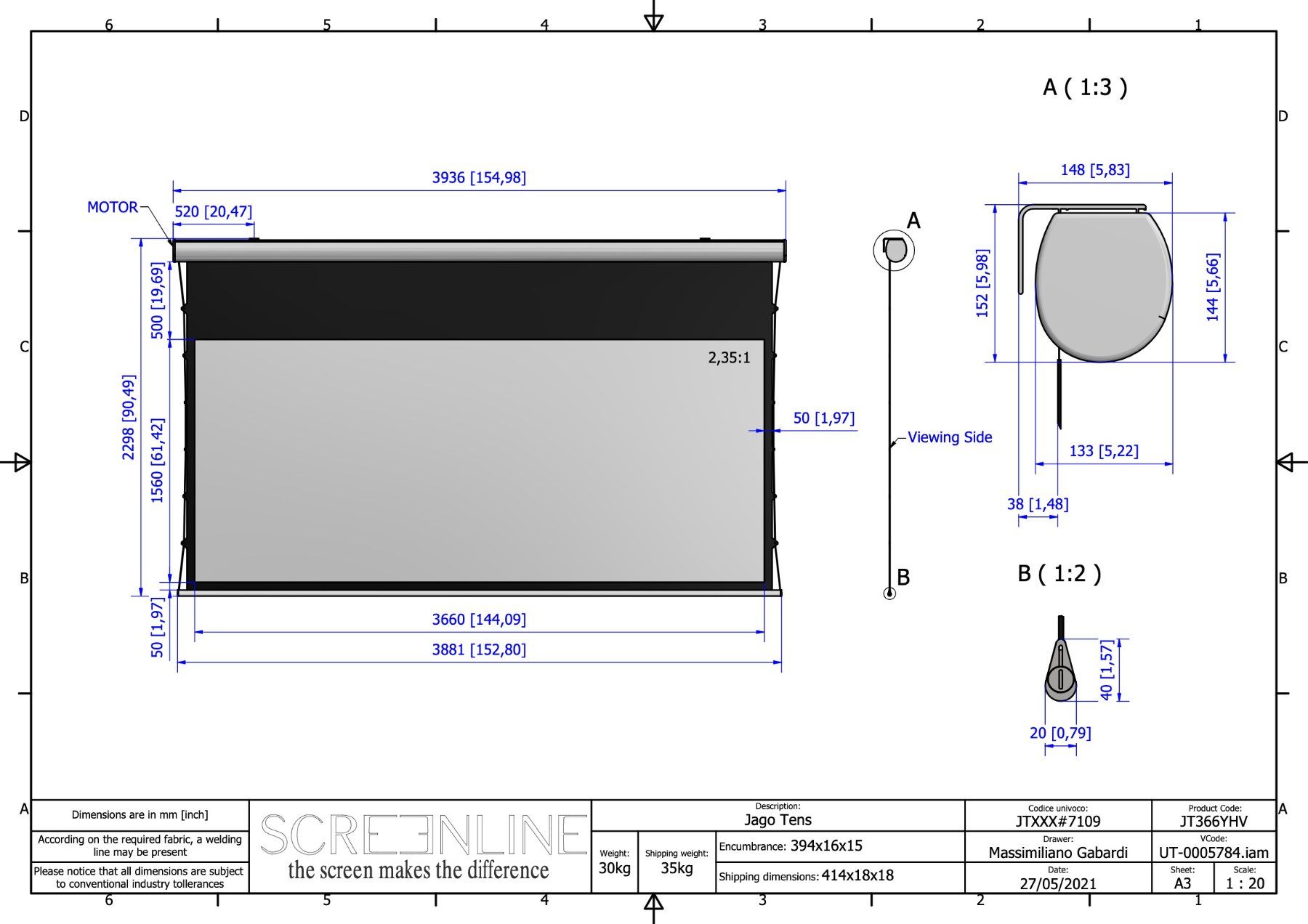 Home Cinema: Ecran de projection electrique Screenline 360cm de base – Usato da Grandvaux venduto da Zildjian