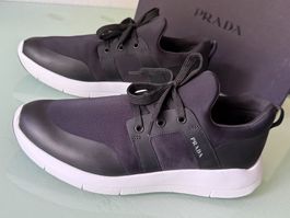 PRADA Logo Neoprene Schwarz Leder Low Top Sneakers 41.5 NEUE
