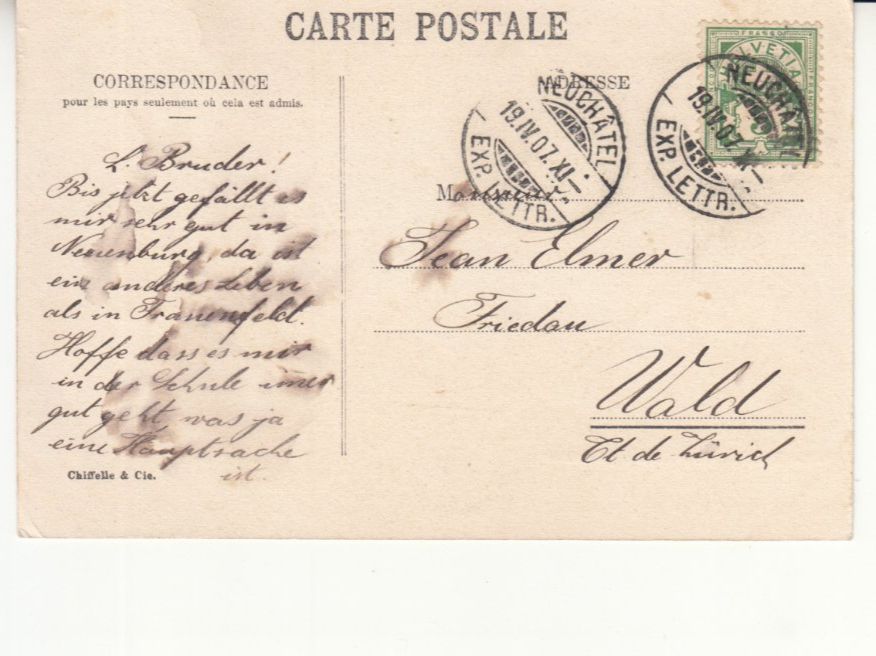 Ansichtskarten: Neuchâtel 1907 – Gebraucht aus Bürglen TG von StampGraf 1