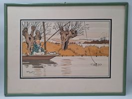 🎣 Magnifique Pochoir d'Époque d'Harry Eliott–Scène de Pêche