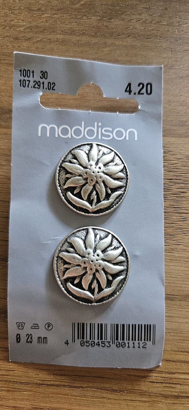 Bottoni: 2 boutons edelweiss argenté 23mm – Nuovo e nell'imballaggio originale da Carouge GE venduto da Lea000