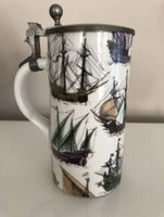 Schöner Bierkrug mit Zinndeckel, Schiffe Motiv