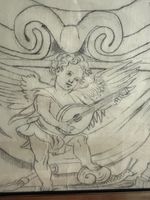 Dessin ancien encadré motif oiseau et anges état usagé