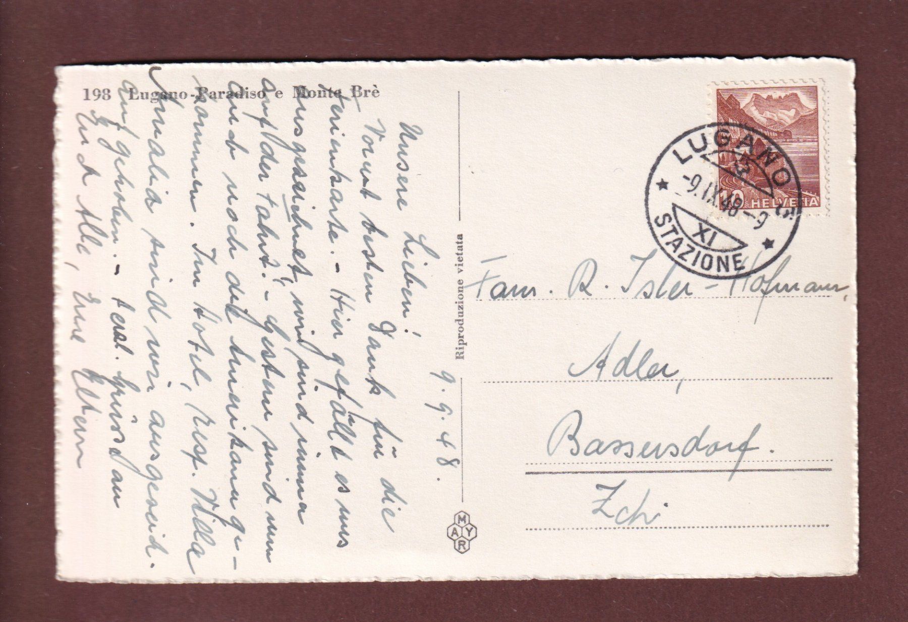 Cartoline postali: LUGANO-PARADISO - Monte Brè - 1948 – Usato da Pully venduto da nicecards 1