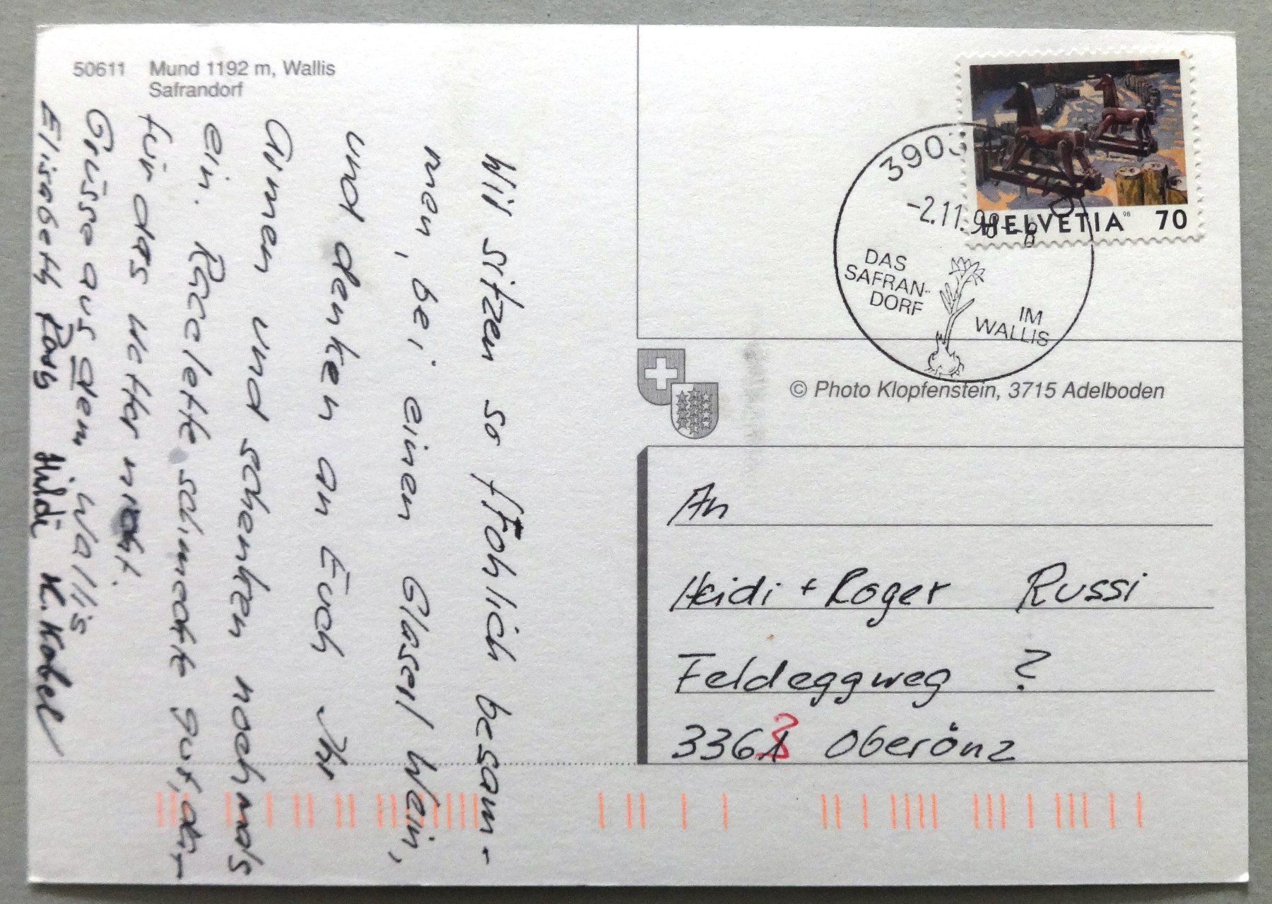 Cartoline postali: Mund 1192 m, Wallis, Safrandorf – Usato da Fétigny venduto da Billy2miny 1