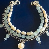 Aquamarin  Perlen  Armband Bracelet Unikat Silber 3 Reihen