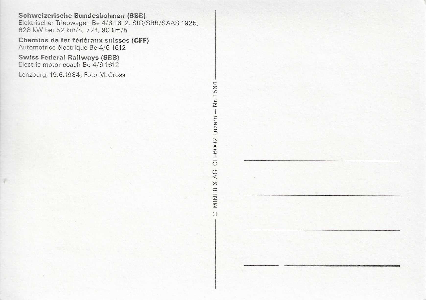 Cartoline postali: SBB Elektrischer Triebwagen Be 4/6 1612 – Nuovo (secondo la descrizione) da Rothrist venduto da Stranglehold 1