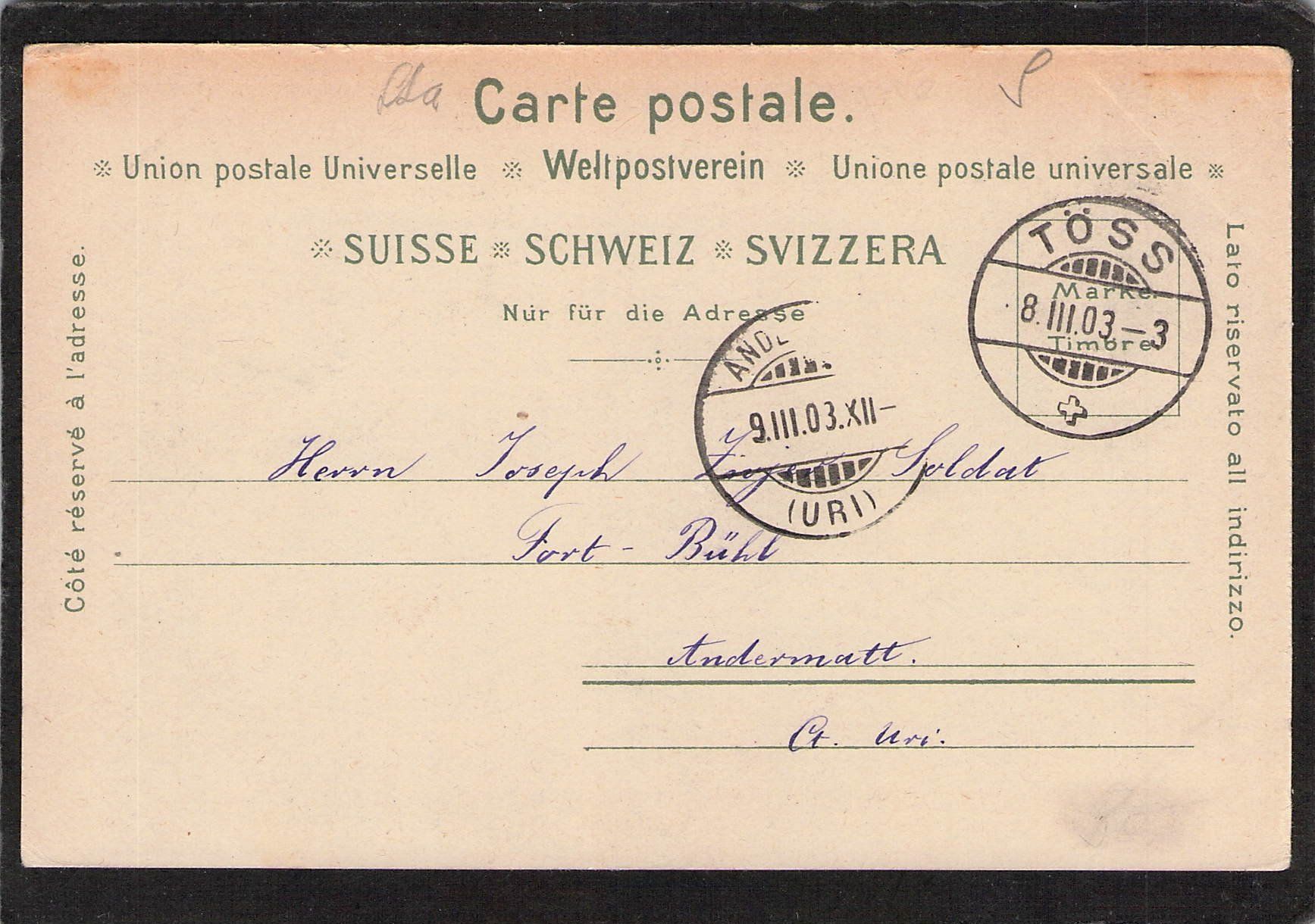 Ansichtskarten: Töss bei Winterthur ZH , gel. 1903 – Gebraucht aus Reichenburg von Pipo-67 1
