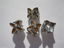 2 Grosslochperlen, Beads, Blume gelb mit Strass