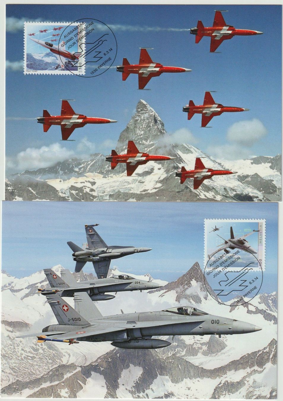 Tutti i francobolli: 2 Maximumkarten Schweizer Luftwaffe, Militär, FDC 2014 – Usato da Bedigliora venduto da positano
