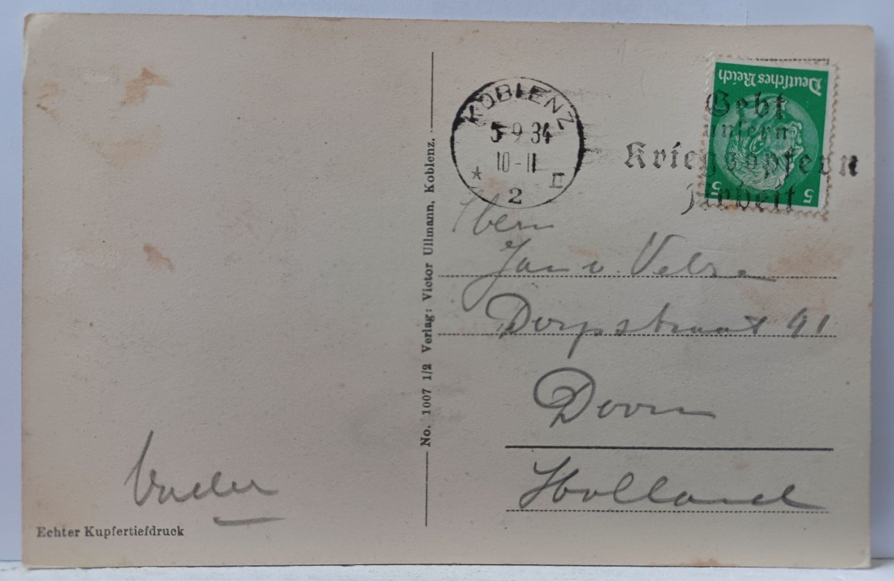 Cartoline postali: Schloss Stolzenfels am Rhein, 1934 – Usato da Aarau Rohr venduto da mgvw 1