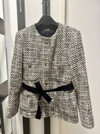 Maje Tweedjacke schwarz weiss mit Gürtel Grösse 40