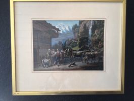 Abschied beim Alpaufzug, altkolorierte Lithografie um 1830