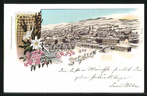 Cartoline postali: Winter-Lithographie St. Gallen, Panorama – Usato da Berlin venduto da bartko-reher