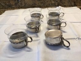 Teeservice, antik,Untersetzer leicht versilbert, Glaseinsatz