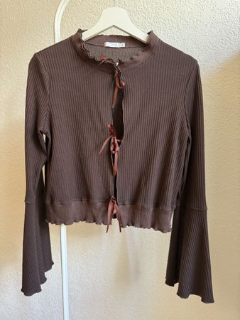 Cardigan marron fermeture noeuds satinés Londi, t.38/M