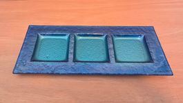 Blaue Glas Servierplatte / Apéroplatte mit 3 Fächern