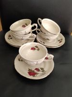 5 Vintage Porzellan Tassen mit Untertassen – Rosen & Gold