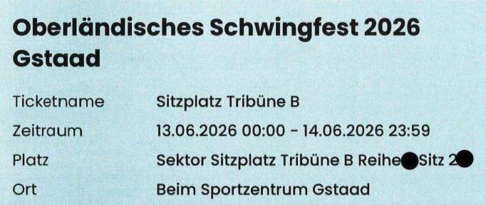 Biglietti: 2 E-Tickets Oberländisches Schwingfest 2026 Gstaad – Nuovo (secondo la descrizione) da Oberglatt ZH venduto da rdm_f6xk