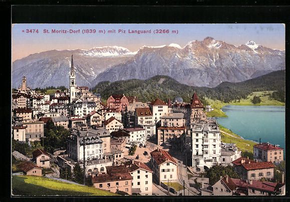 Cartoline postali: St. Moritz-Dorf, Teilansicht mit Piz Lan – Usato da Berlin venduto da bartko-reher